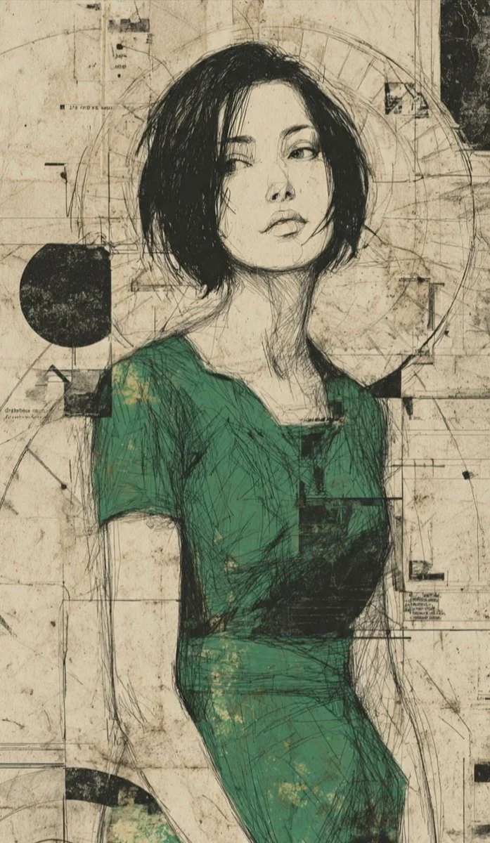Melancholic ink portrait merges architectural blueprints with grunge textures