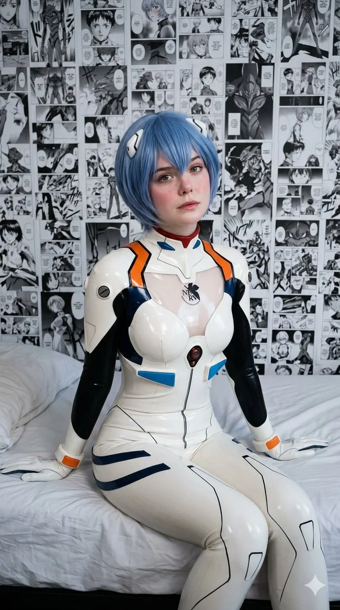 Melancholy Neon Portrait of Elle Fanning as Rei Ayanami
