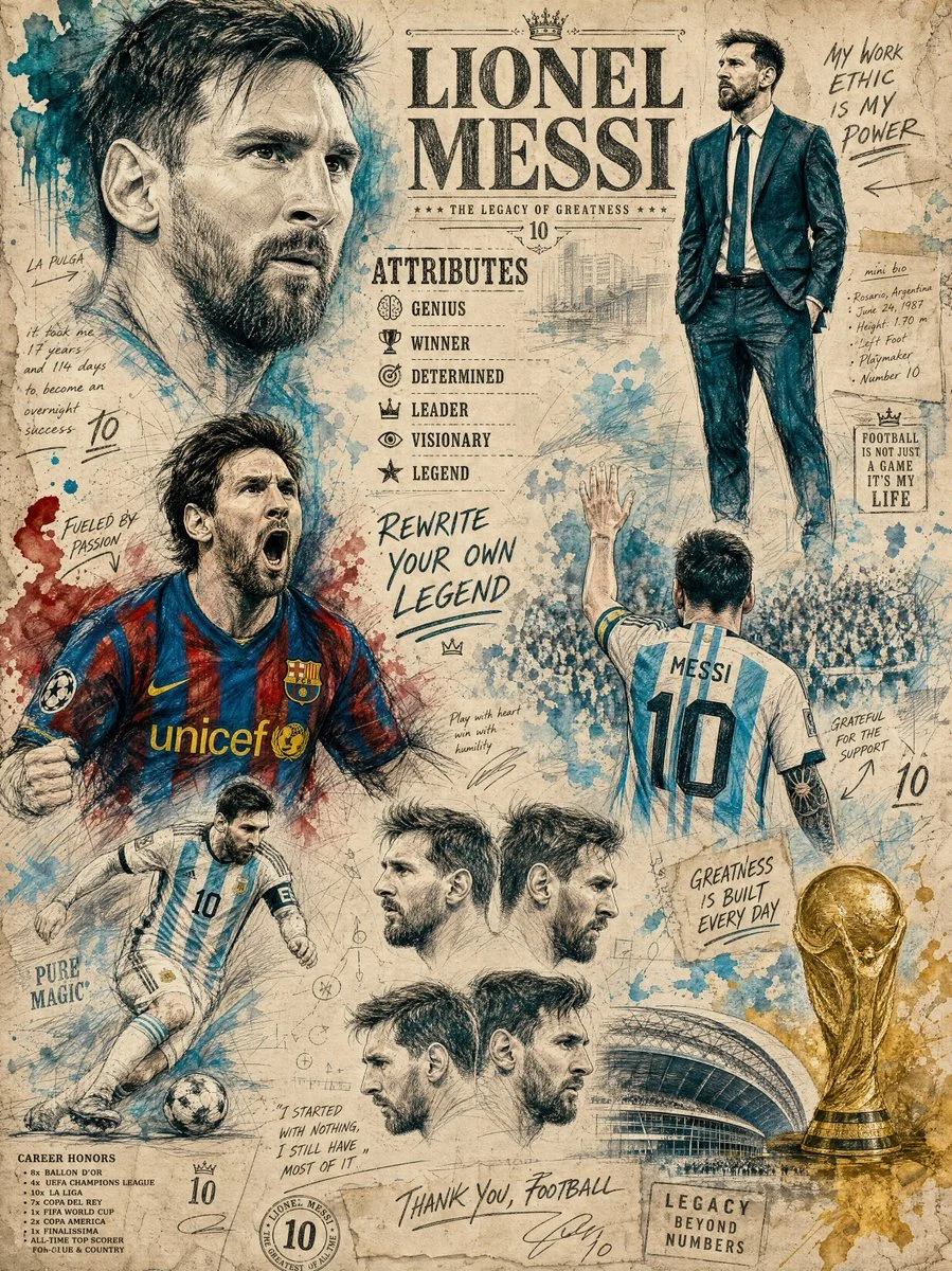 Messi's legacy captured in vintage pencil and watercolor collage