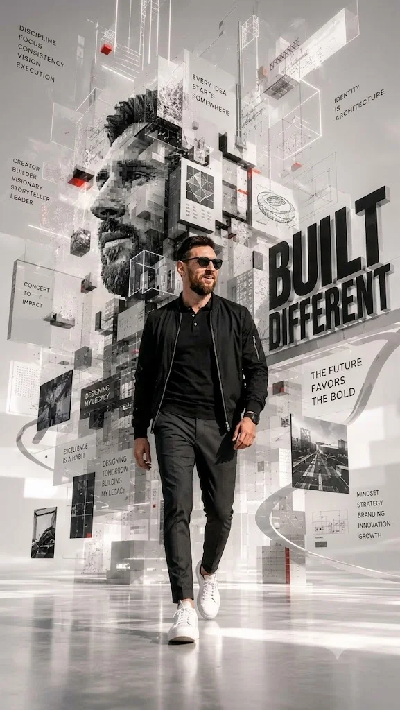 Messi walks through a futuristic glass corridor of digital architecture