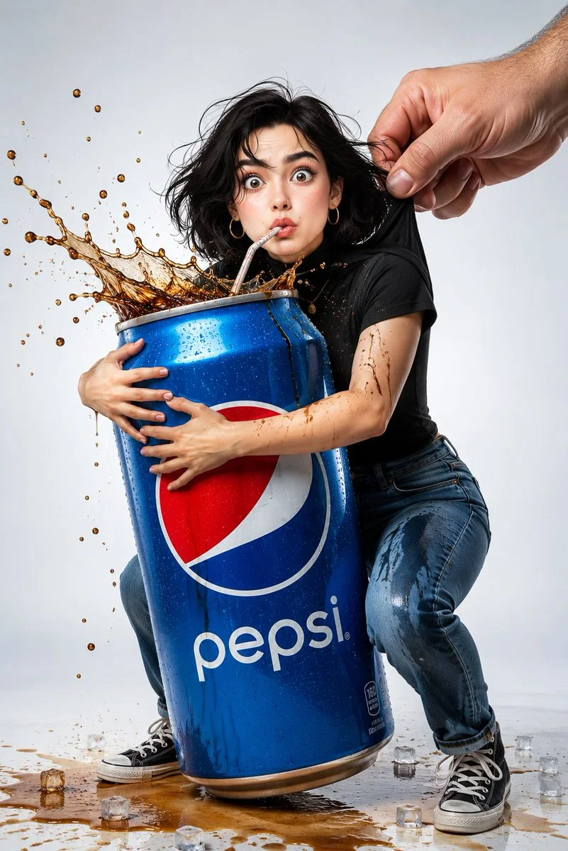 Messy-haired woman defends her giant Pepsi with dramatic flair