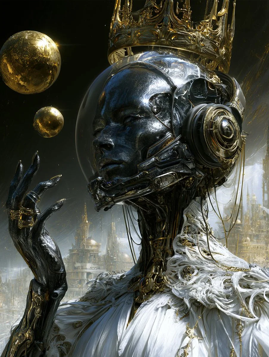 Metallic android with golden crown and headphones gestures in surreal cityscape