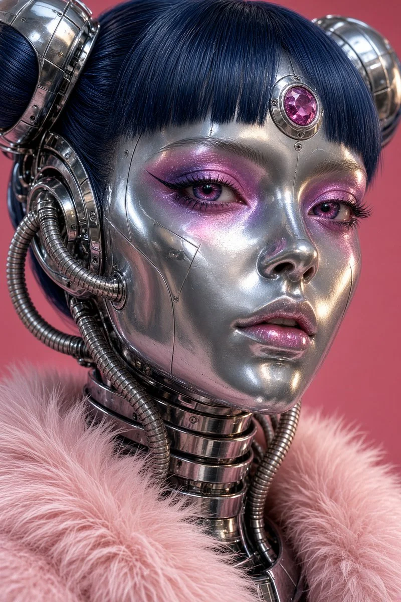 Metallic cyborg in pink fur coat glows with gold and pink reflections