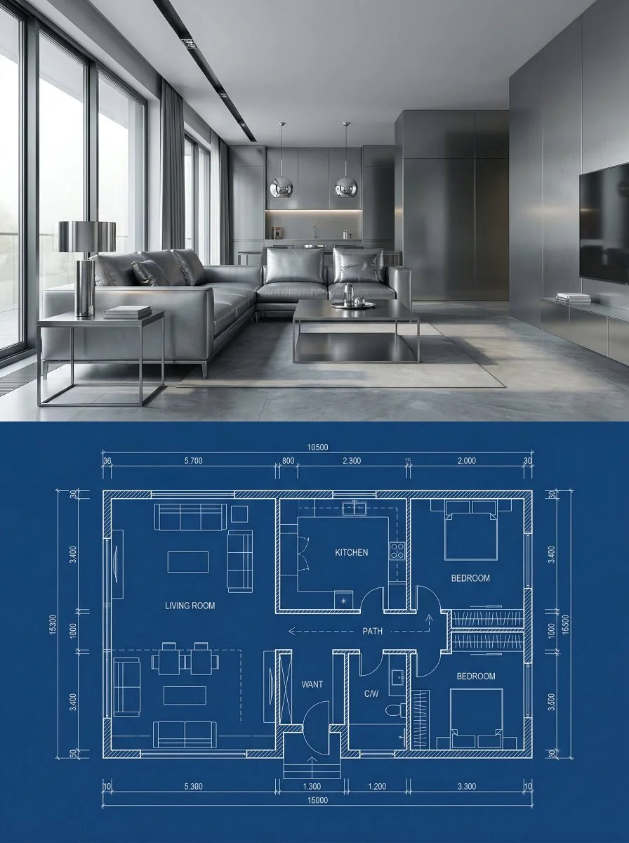 Metallic Modern: Interior Render Meets Architectural Blueprint