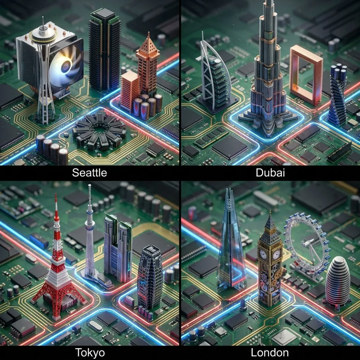 Microchip Metropolises: Iconic Skylines Reimagined as PC Motherboards