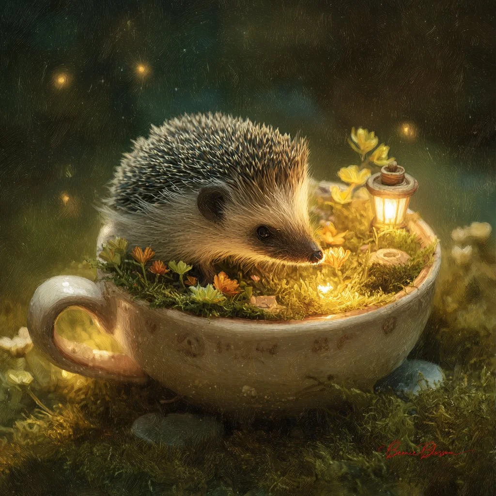 Microscopic Garden Magic: Baby Hedgehog Nurtures Lantern Glow