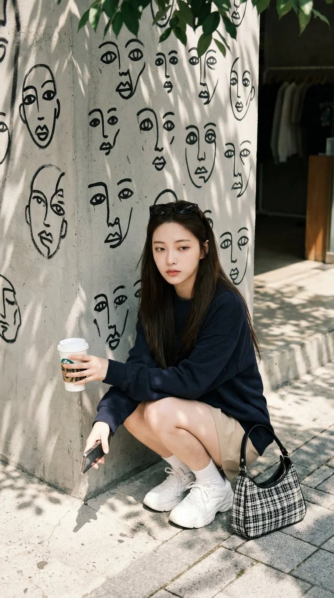 Midday Stillness: Coffee Pause Against a Wall of Sketch Faces