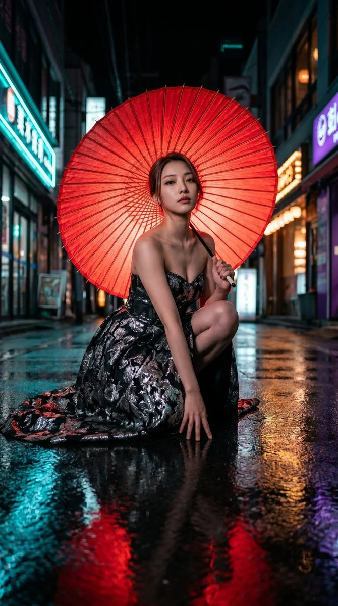 Midnight Elegance Under a Red Umbrella