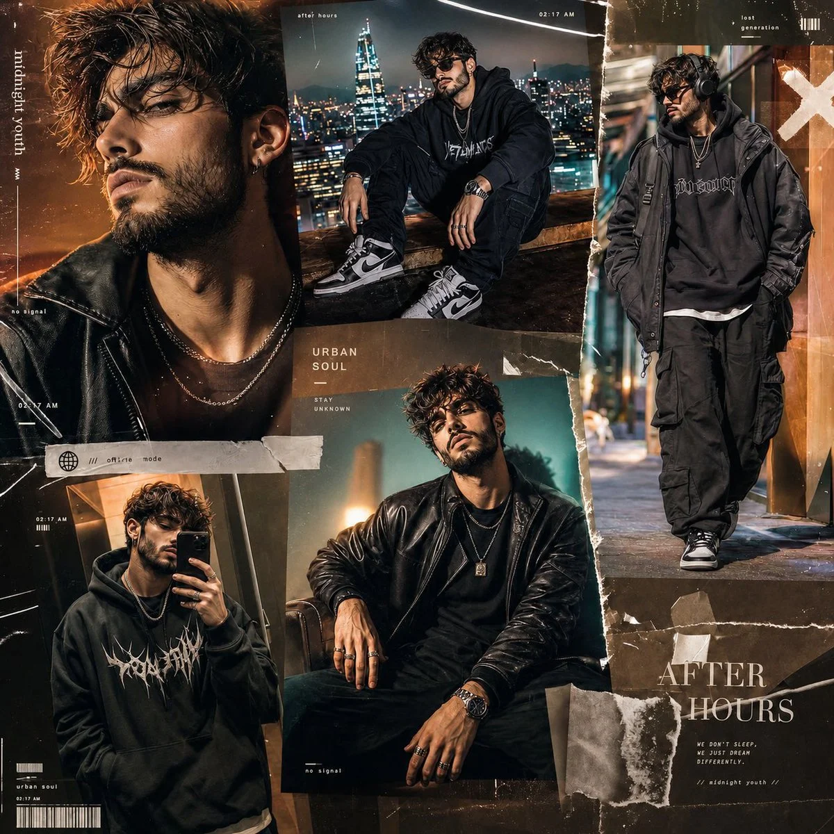 Midnight luxury streetwear model poses in five cinematic frames