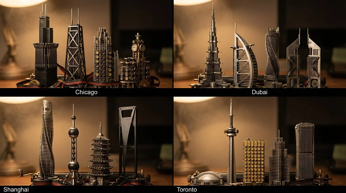 Miniature City Skylines Crafted from Vintage Typewriter Components