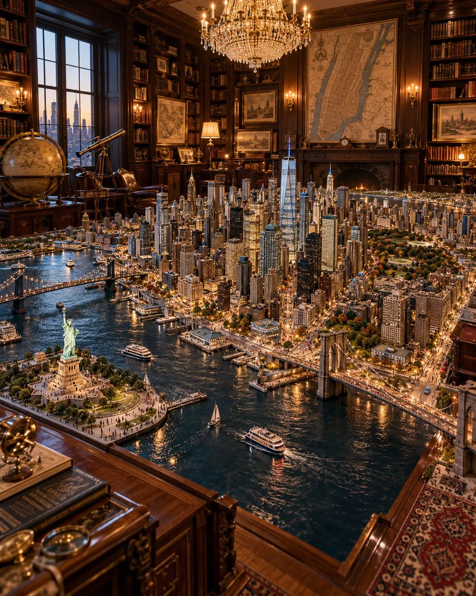 Miniature city thrives inside a luxurious antique study with warm light