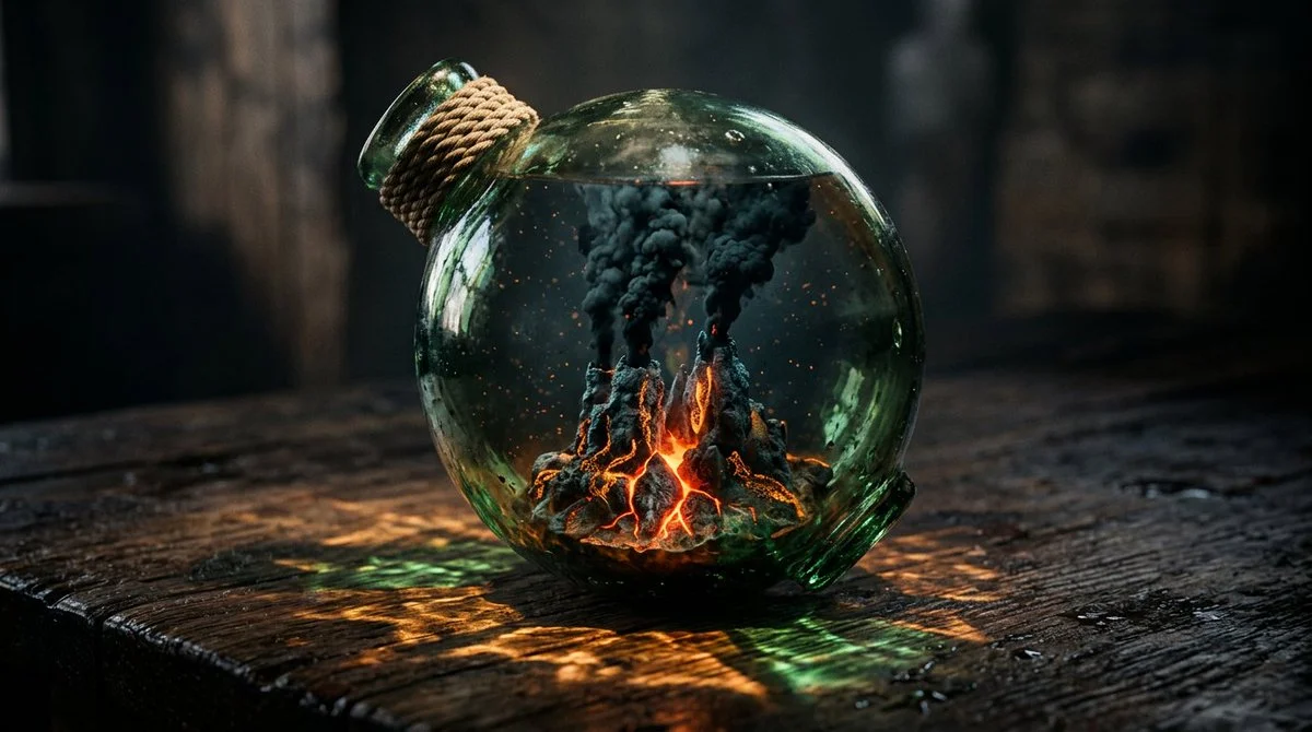 Miniature Cosmic Storm Encased in Glass with Ethereal Blue Glow