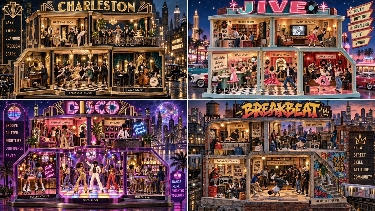 Miniature cutaway dollhouse reveals four dance decades with glowing rooms