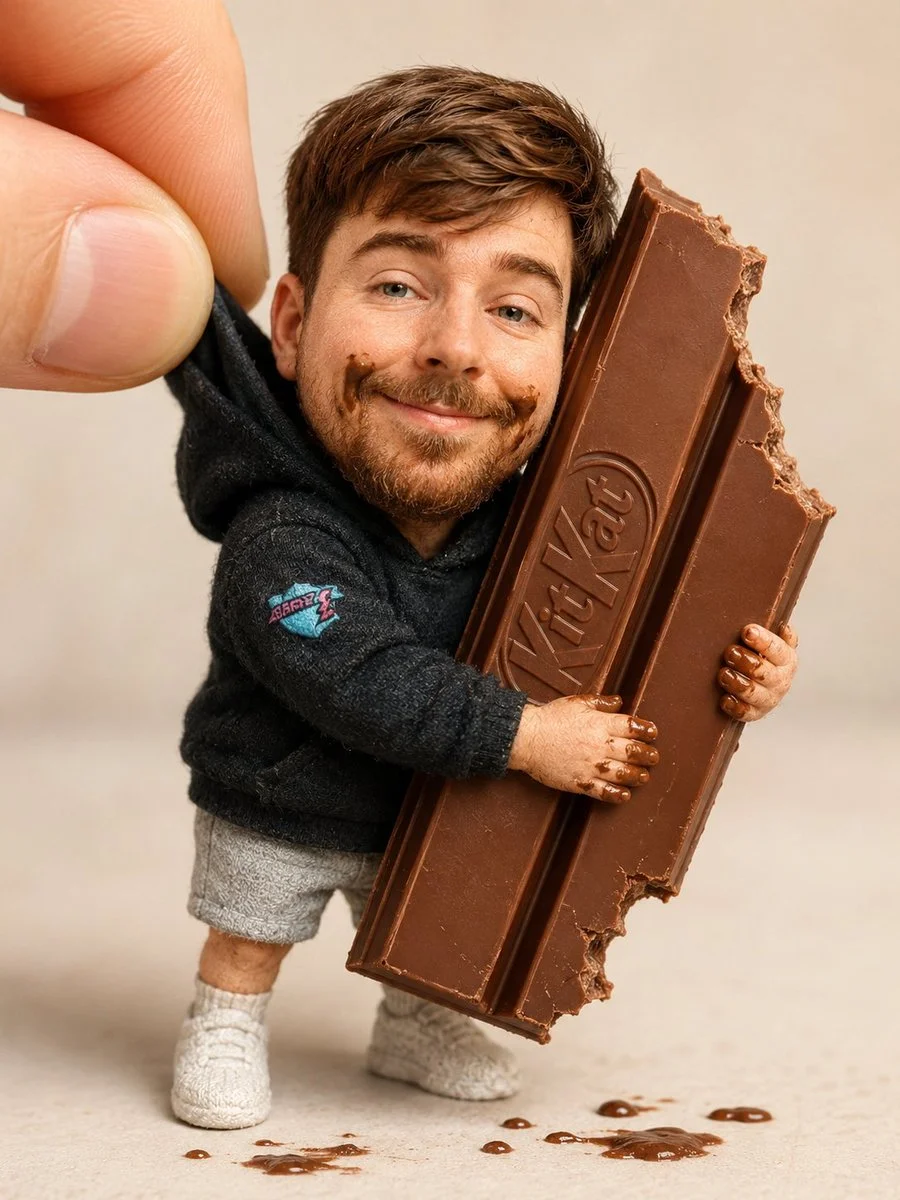 Miniature doll refuses to release huge KitKat while lifted