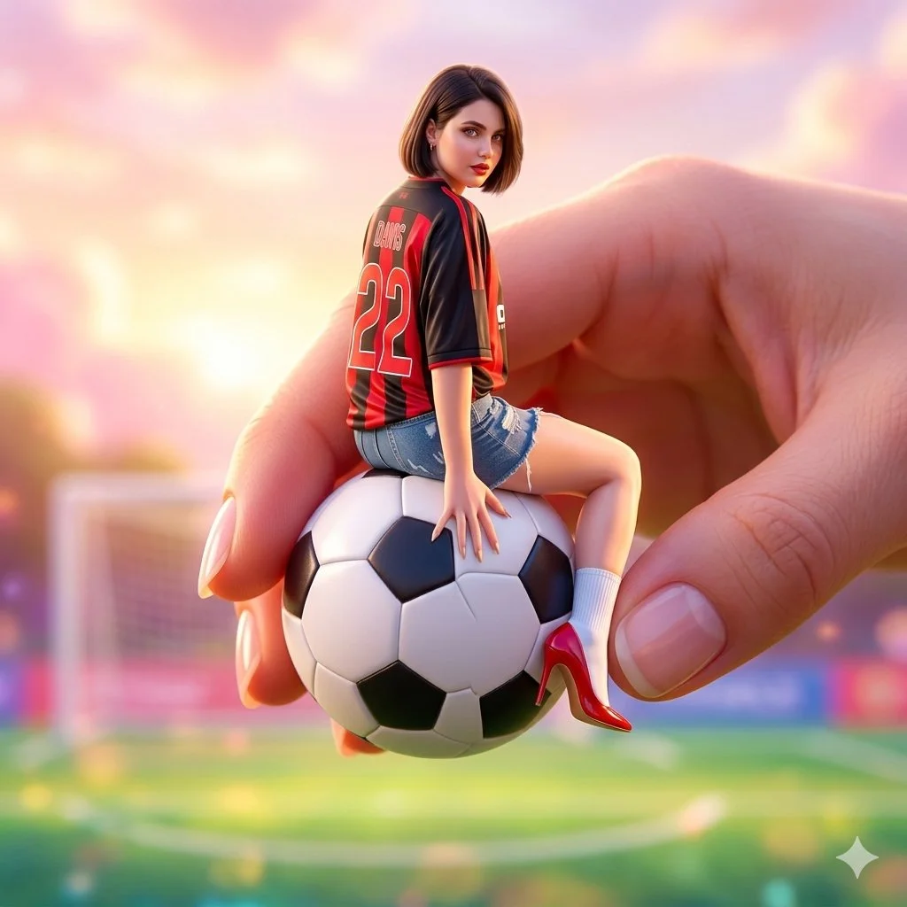 Miniature Girl on Giant Soccer Ball: A Surreal Fashion Fantasy
