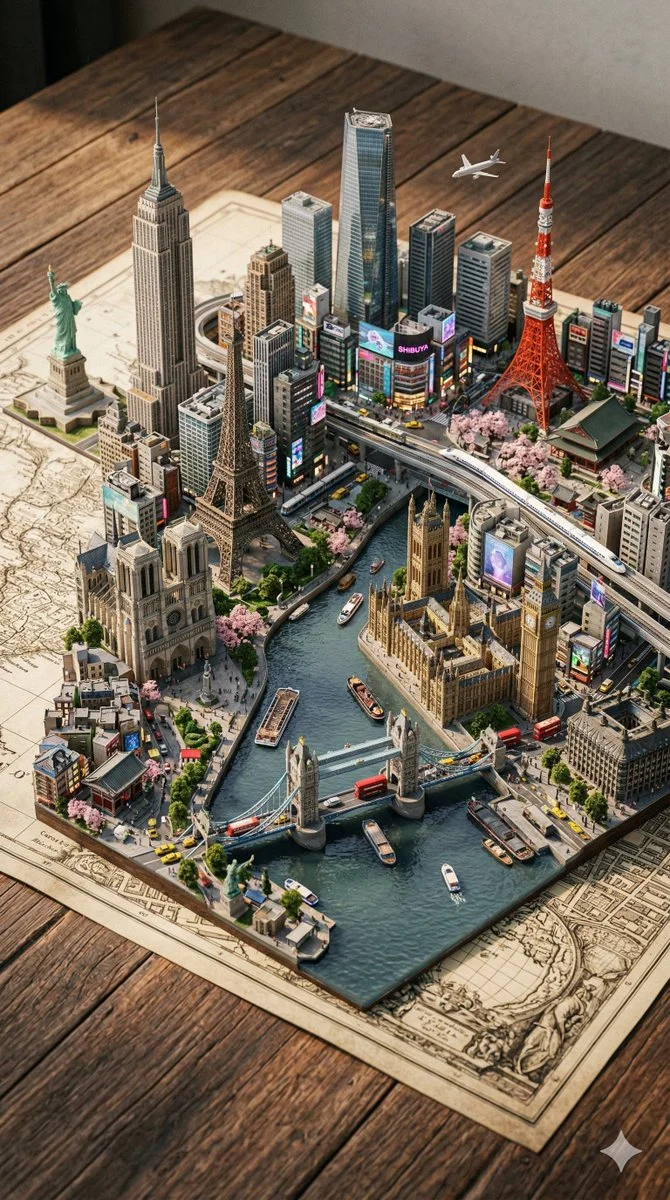 Miniature Metropolis: A Hyper-Realistic Fusion of Global Skylines
