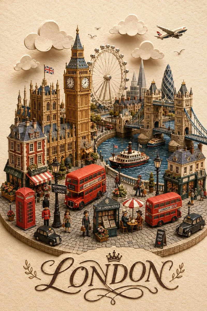 Miniature papercraft London diorama on a souvenir postcard