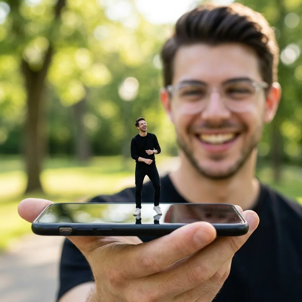 Miniature Self Dancing on Smartphone Screen in Vibrant Outdoor Portrait