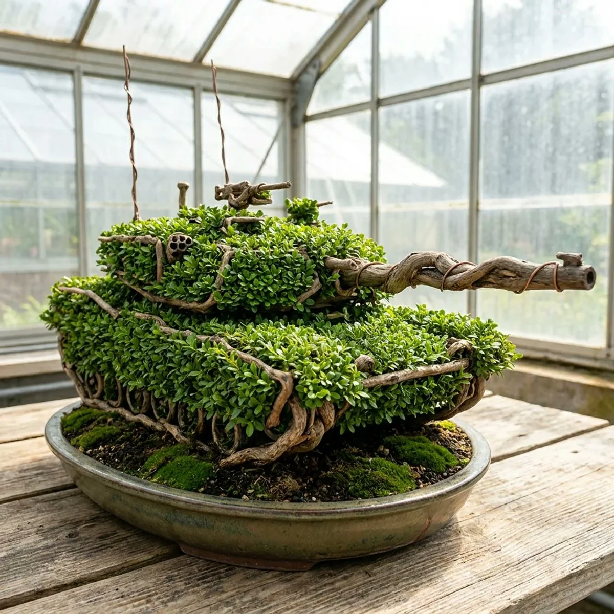 Miniature War Machine Transformed Into Bonsai Topiary