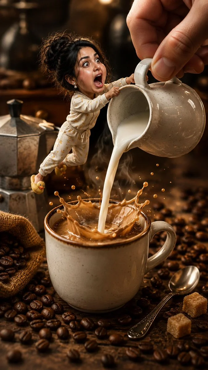 Miniature woman dangles from pitcher during morning coffee
