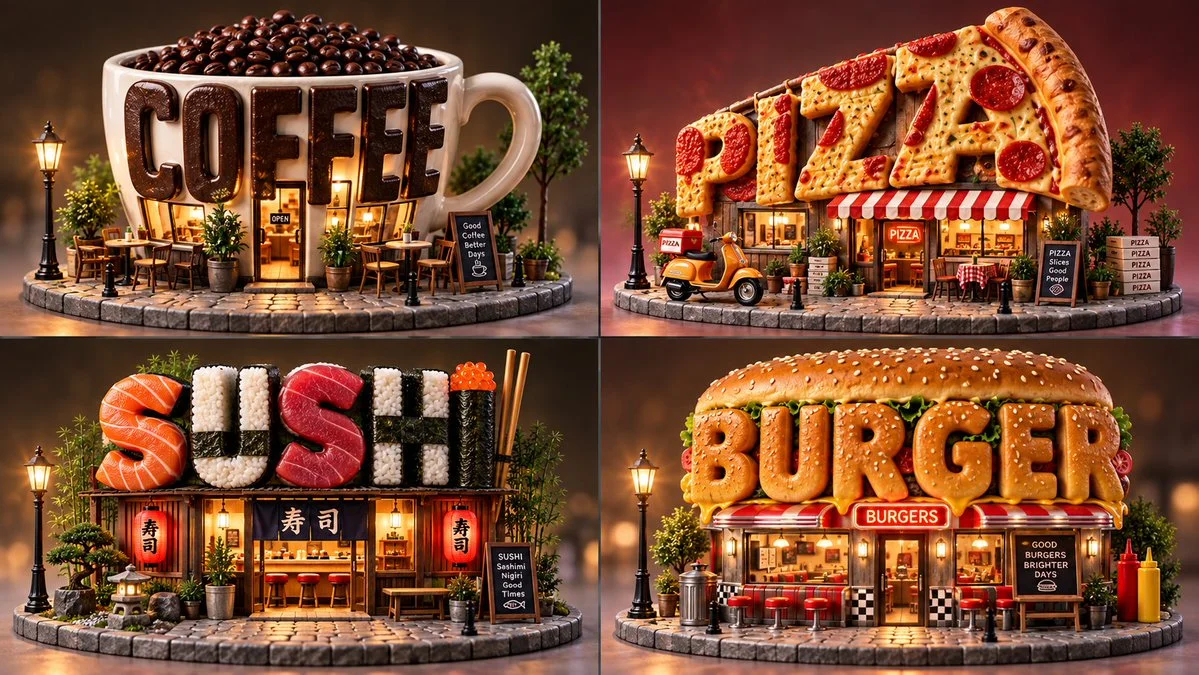 Miniature word storefront glows warmly on round cobblestone plinth at evening