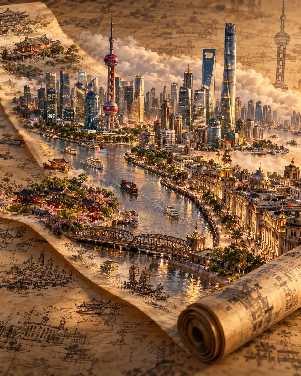 Miniature world rises from parchment scroll on blueprint surface