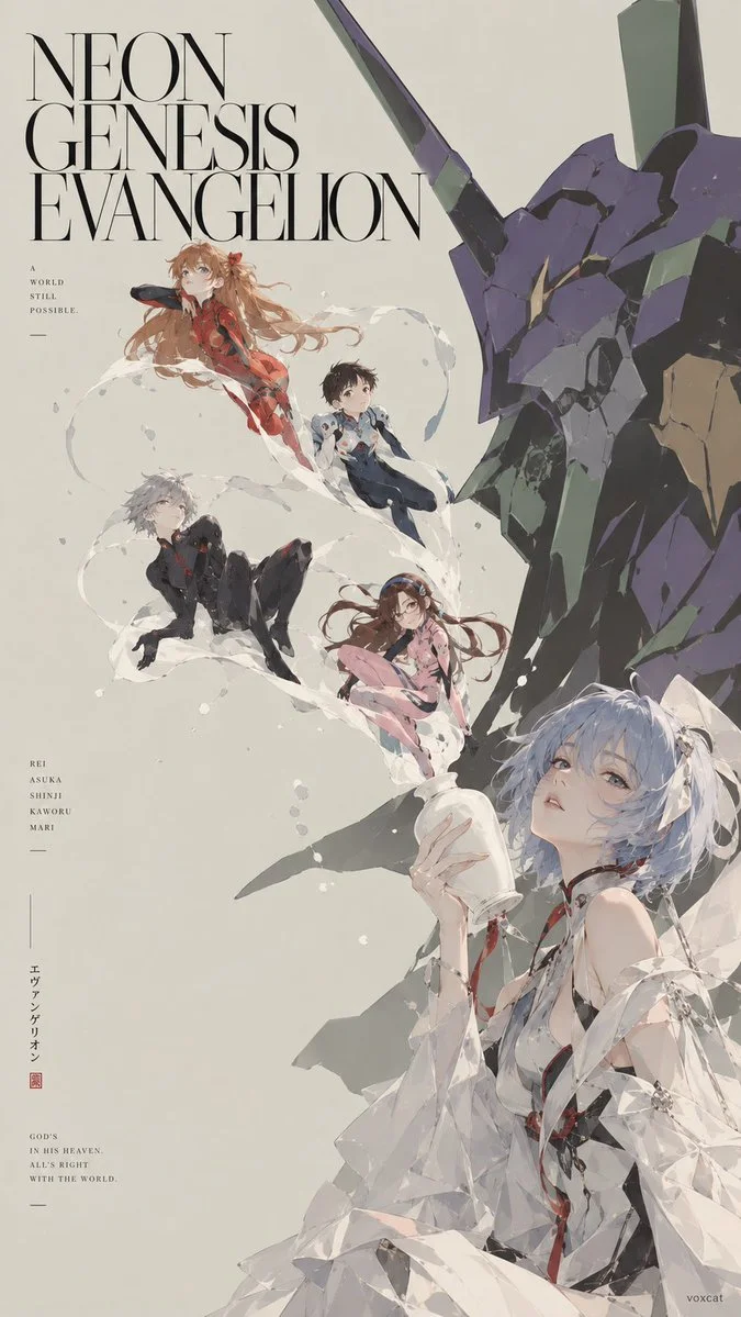Minimalist anime editorial poster with porcelain vase and flowing smoke