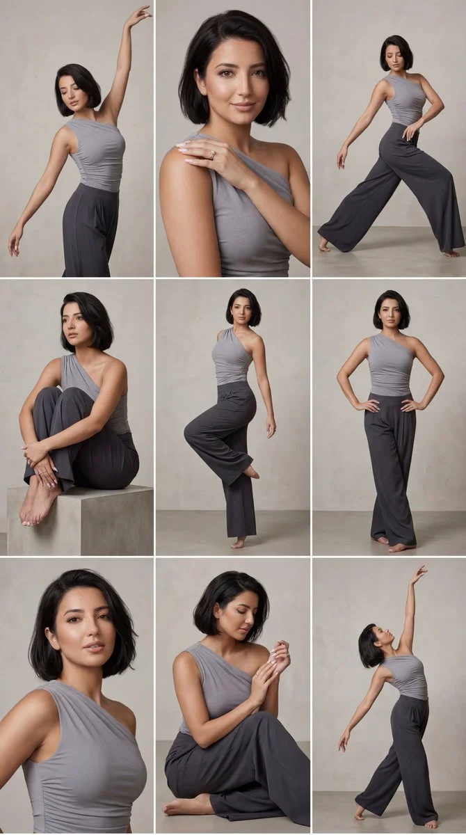 Minimalist Dance Fashion: 9-Panel Editorial Grid in Muted Tones