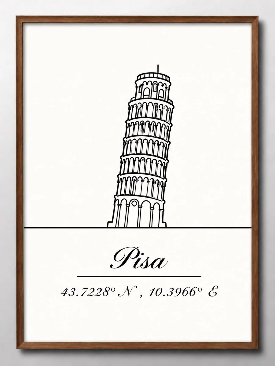 Minimalist Eiffel Tower line art poster framed in walnut wood