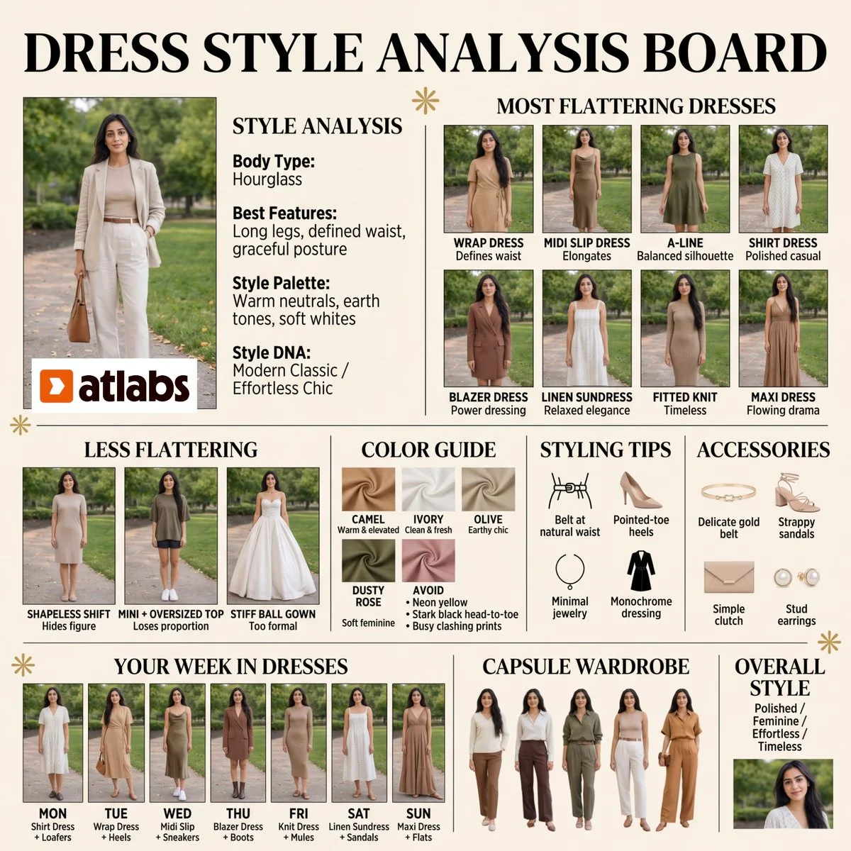Minimalist fashion mood board analyzes dress styles with warm neutrals