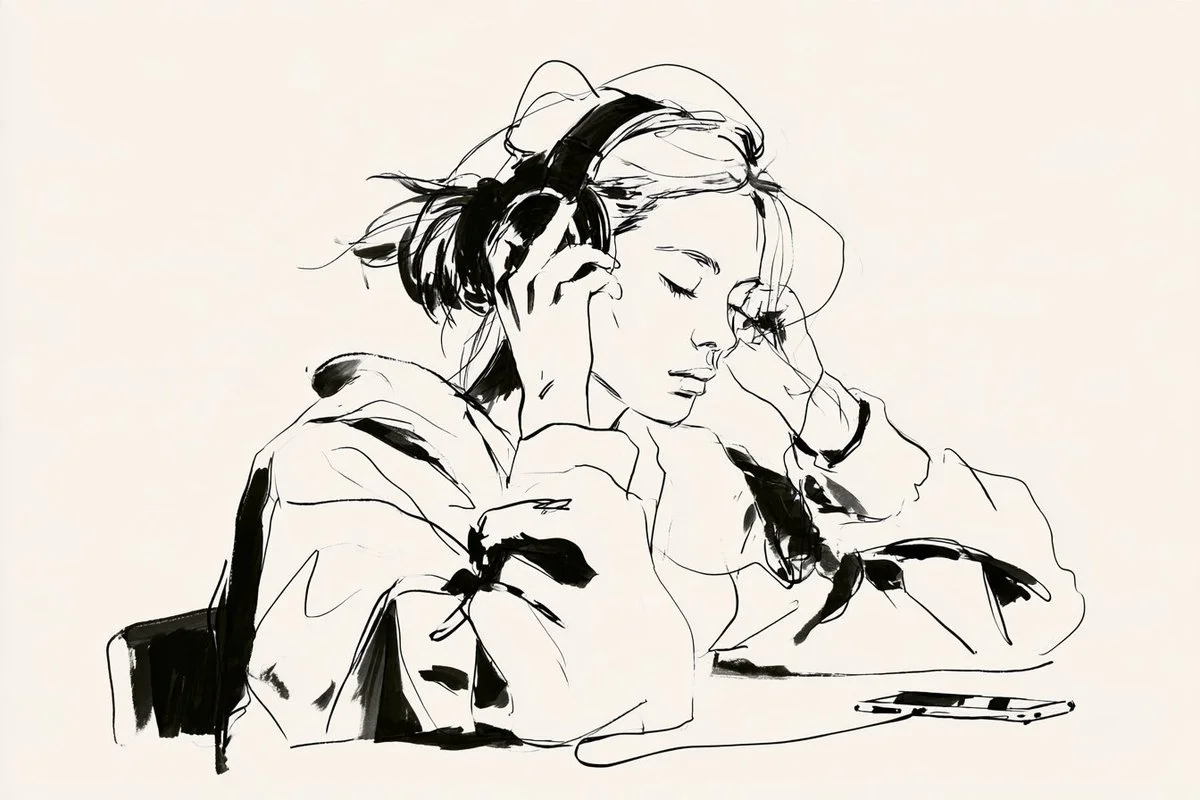 Minimalist ink drawing of a woman practicing yoga with clean lines