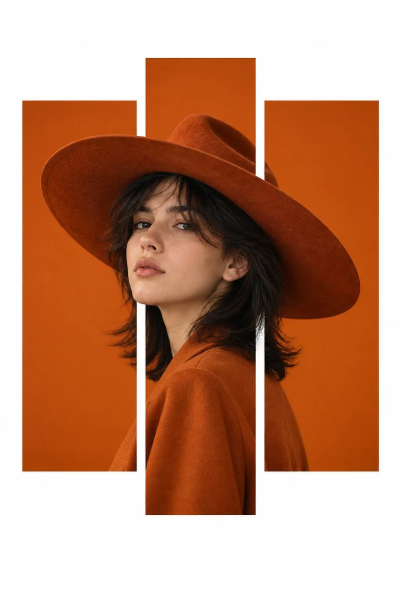 Minimalist Orange Panels Frame Woman in Cowboy Hat