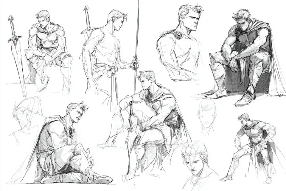 Minimalist Sketch Sheet with Dynamic Sitting and Standing Poses