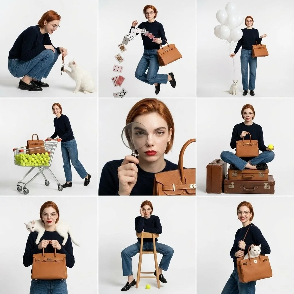 Minimalist Studio Fashion Grid with Playful Props