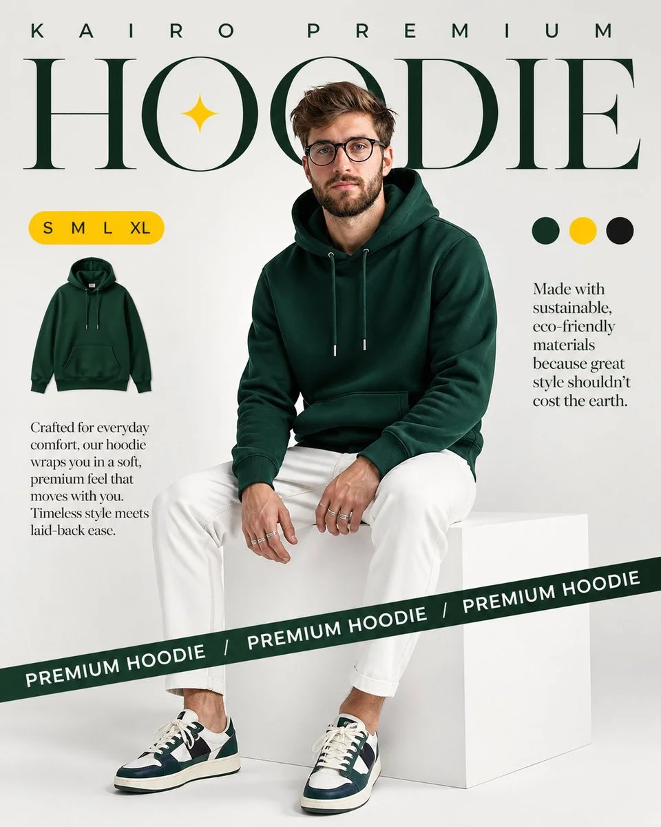 Minimalist Studio Fashion with Forest Green Hoodie