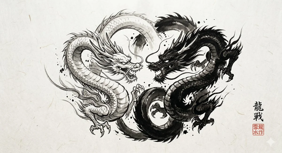 Minimalist Yin-Yang Dragons in Sumi-e Ink