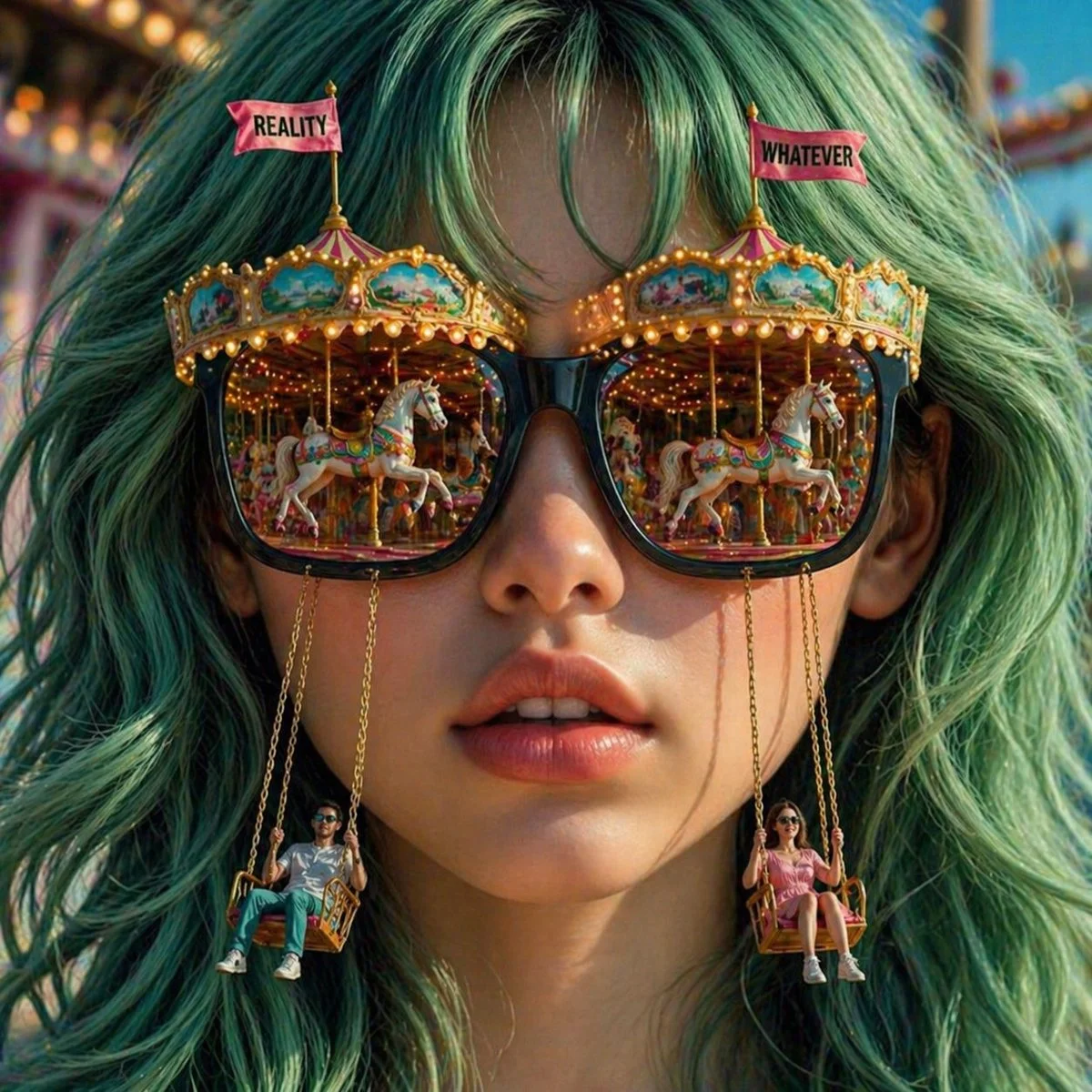 Mint-Haired Visionary with Carnival Worlds in Sunglasses