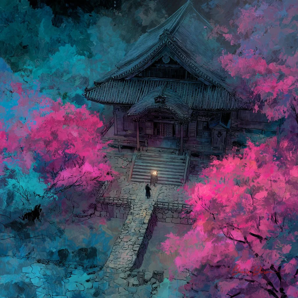 Mist-Clad Temple with Neon Holographic Blossoms and Lantern Bearer