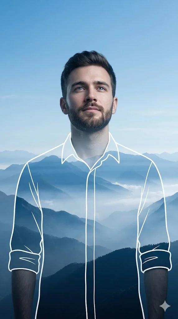 Misty Mountain Reflection in Double Exposure Portrait