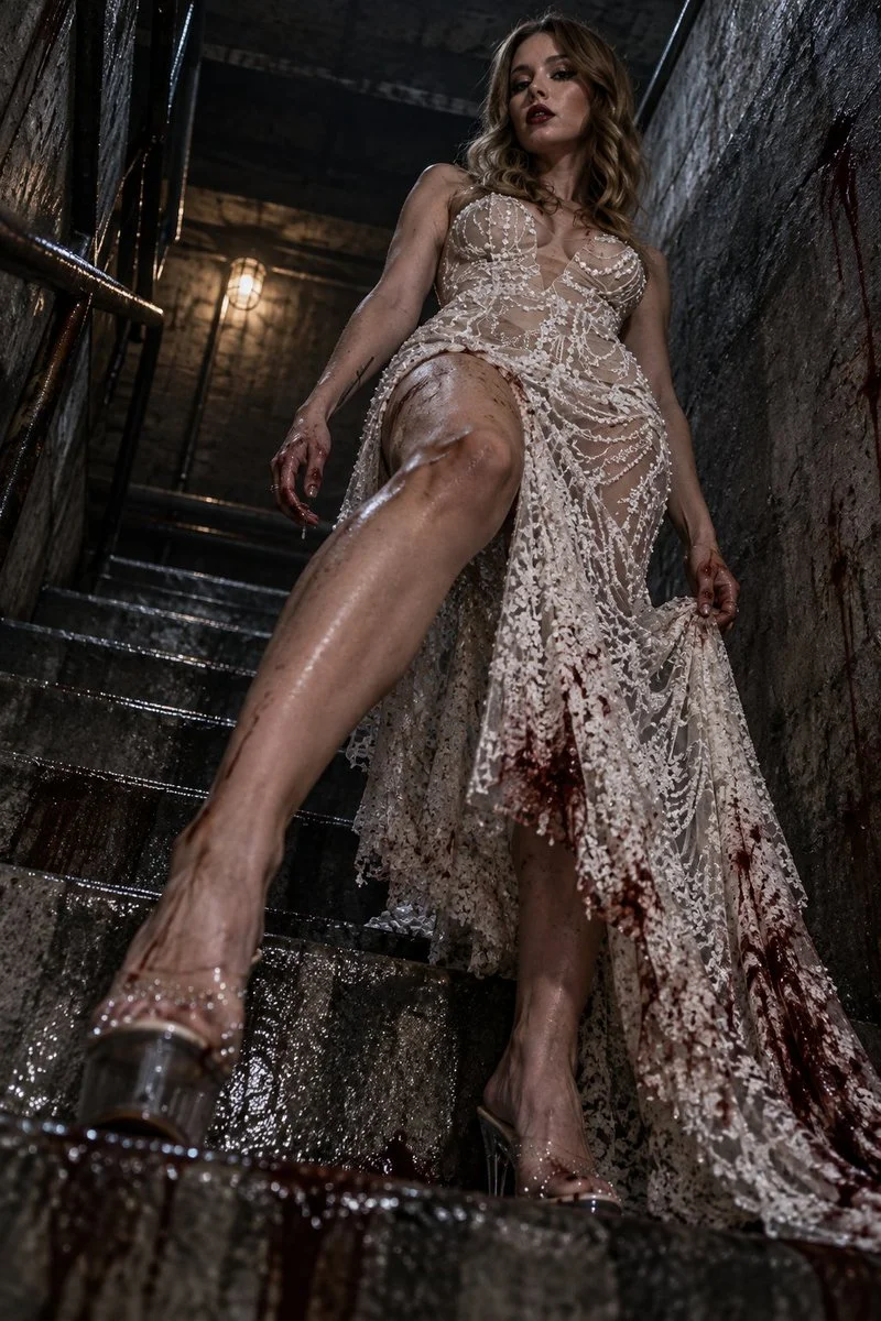 Model commands from below in a dark, damp dungeon staircase
