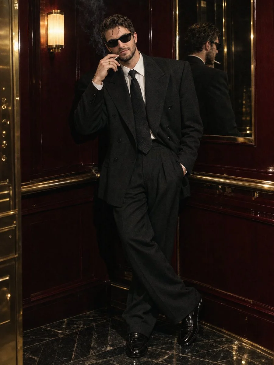 Model in 90s suit leans in burgundy elevator, cinematic flash.