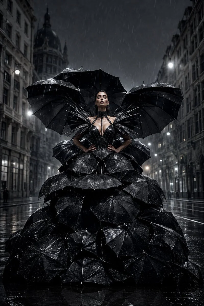 Model in a sculptural umbrella gown stands amid rain-soaked street reflections