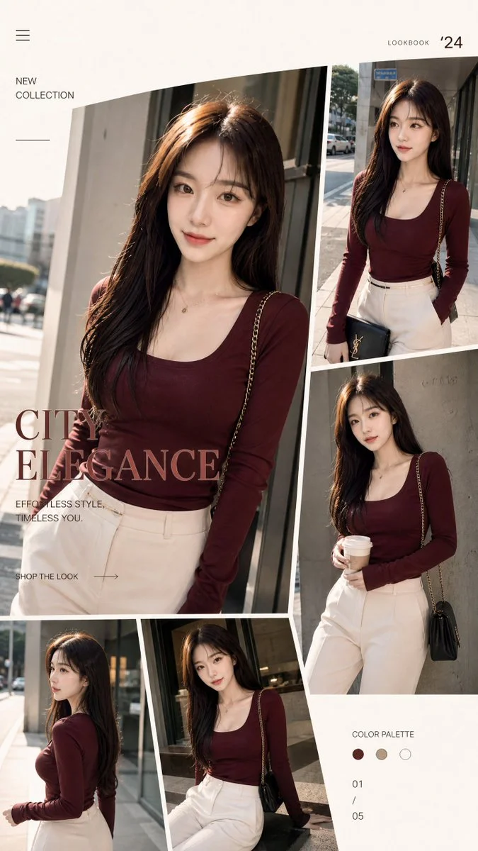 Model in burgundy top and ivory pants poses in dynamic collage