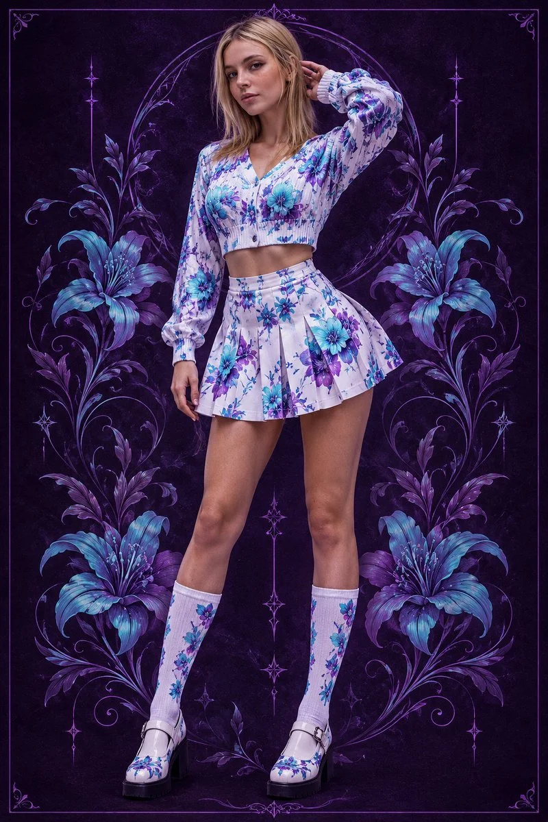 Model in Cyan Floral Outfit Poses Against Dark Violet Backdrop