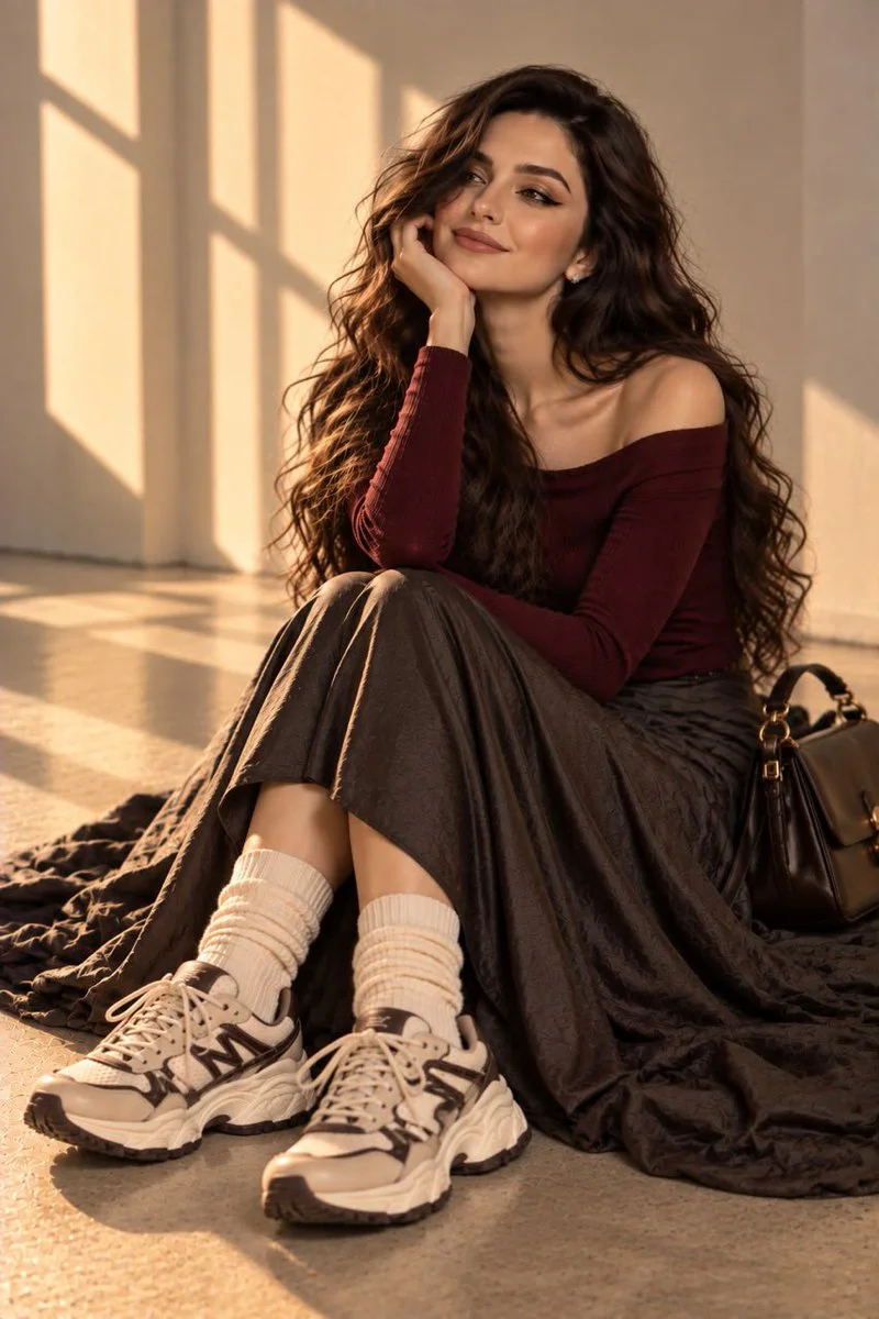 Model in golden studio light with burgundy knit and leather