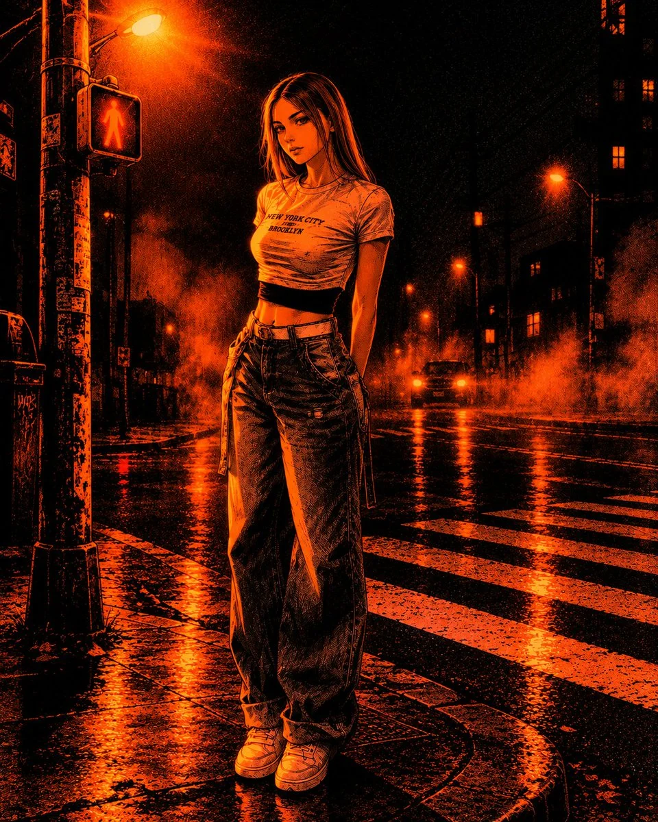 Model in Neon Orange Crosswalk Under Glowing Streetlamp at Night
