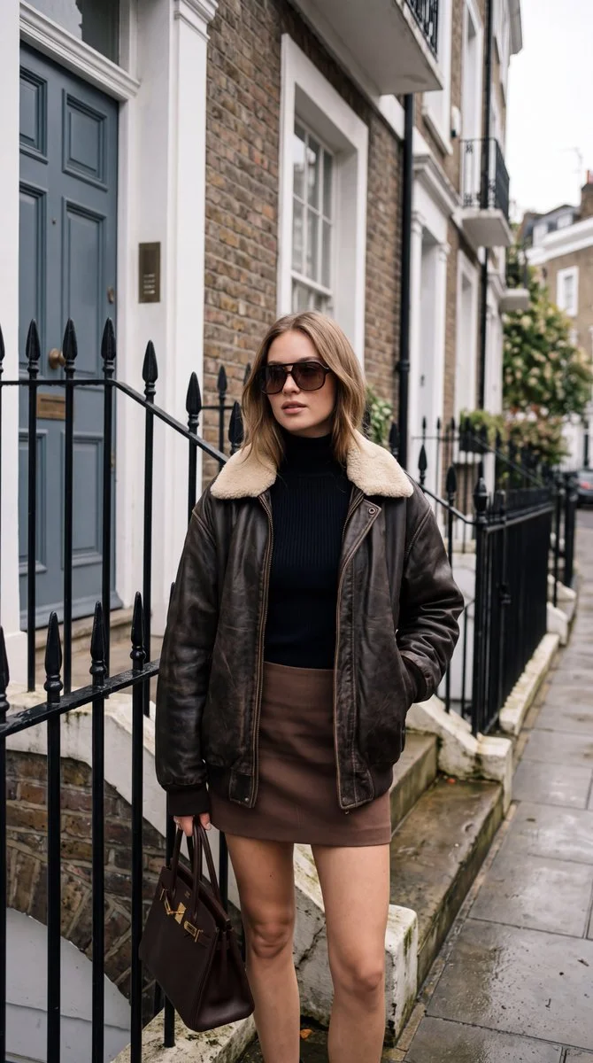 Model in oversized leather jacket poses outside London townhouse