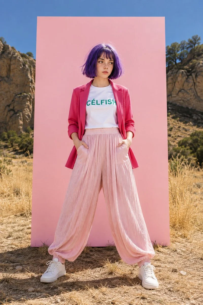 Model in pink blazer stands in field with purple bob