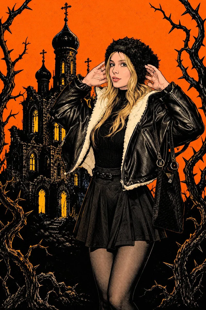 Model Poses Against Ruined Church in Gothic Pop Art