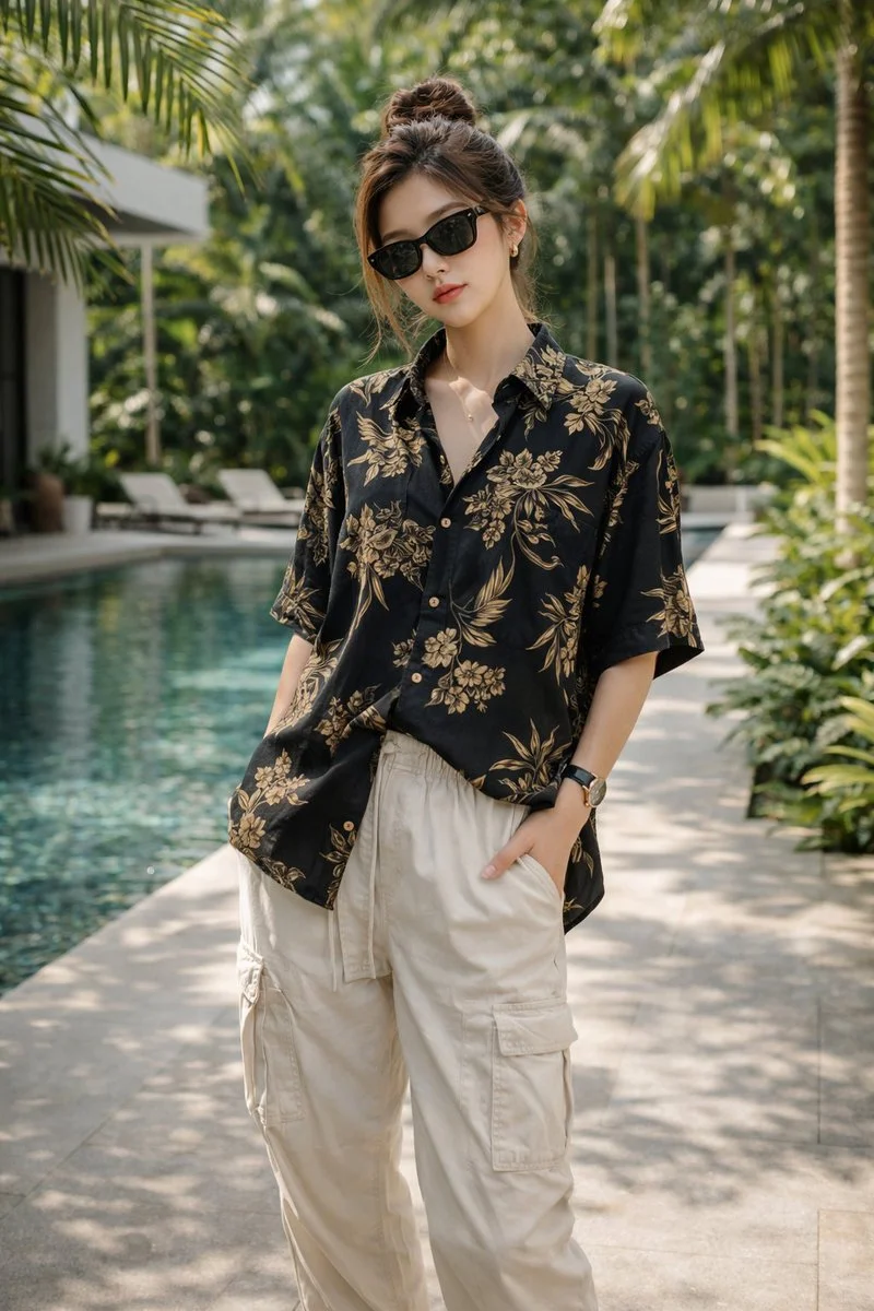 Model reclines by pool in gold floral shirt and white joggers
